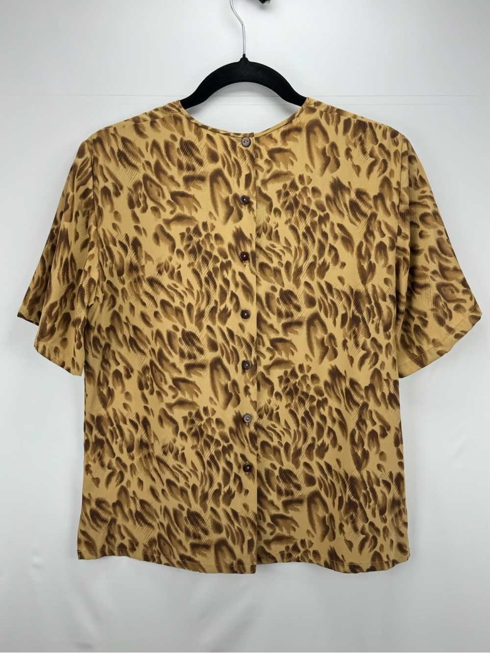 Women’s Leopard Print Short Sleeve 100% Silk Blouse - Tan - Picture 9 of 16